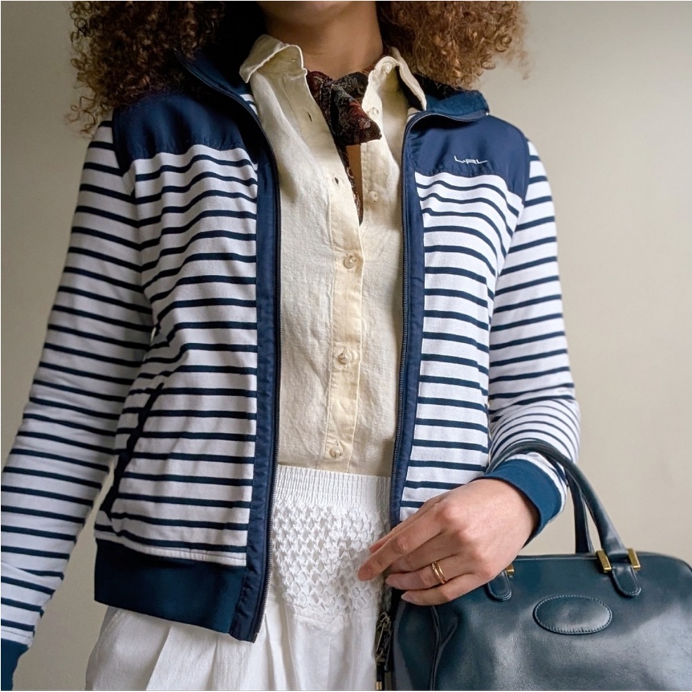 Lauren Active by Ralph Lauren L-RL Navy Blue & White Striped Zip-Up Track Jacket - Picture 1 of 16